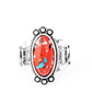 Paparazzi Accessories - Psychedelic Deserts - Red Rings featuring a faux marble finish, an elongated oval speckled red stone is pressed into the center of a textured silver frame dotted with antiqued silver studs, creating a tranquil centerpiece atop the finger. Features a stretchy band for a flexible fit.