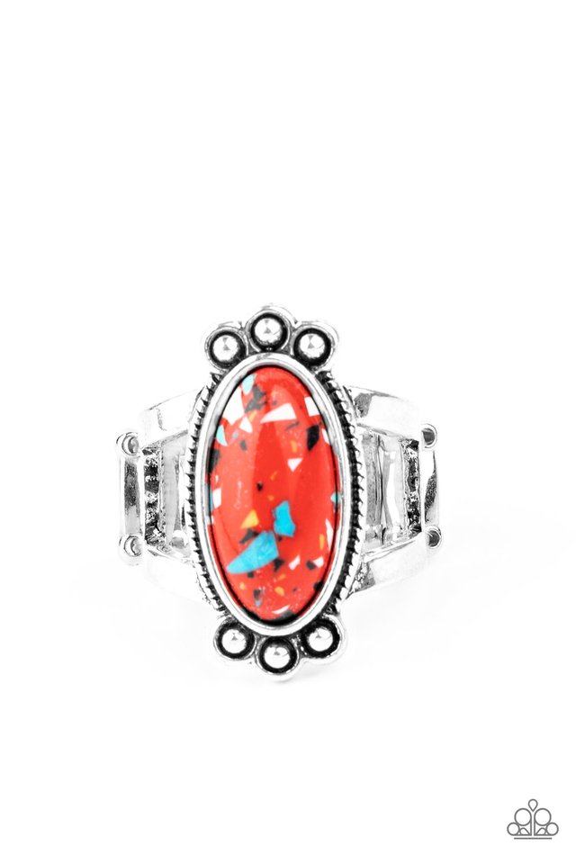 Paparazzi Accessories - Psychedelic Deserts - Red Rings featuring a faux marble finish, an elongated oval speckled red stone is pressed into the center of a textured silver frame dotted with antiqued silver studs, creating a tranquil centerpiece atop the finger. Features a stretchy band for a flexible fit.