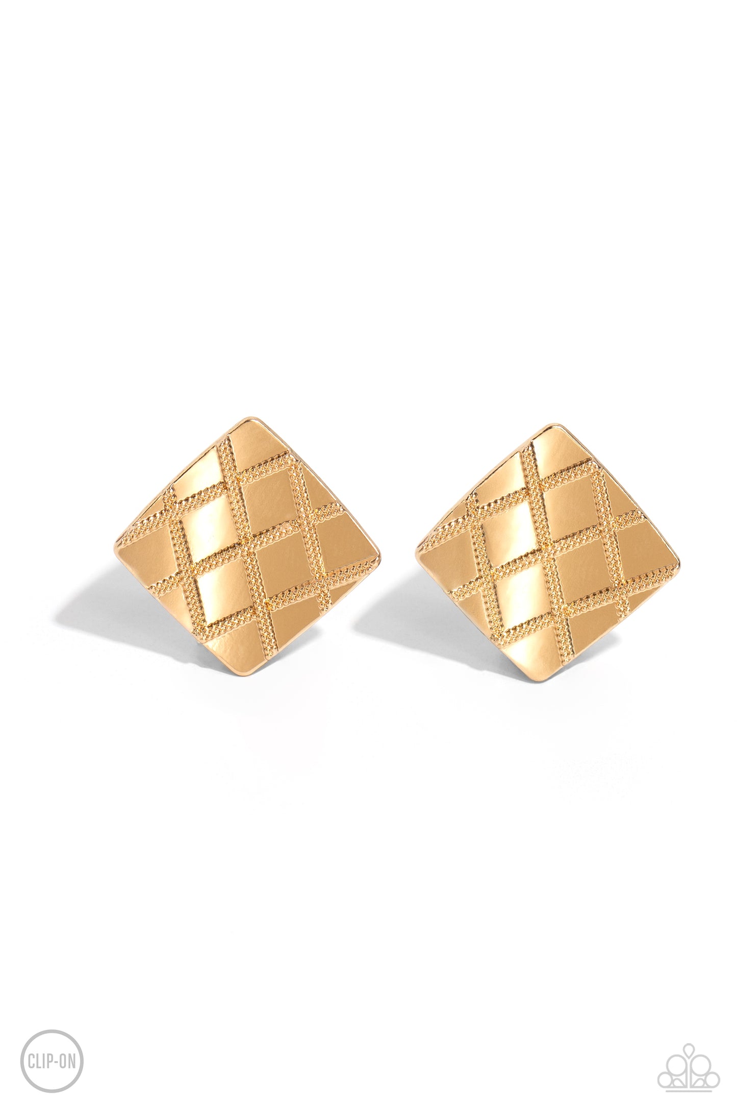 Paparazzi Accessories - Plaid and Simple - Gold Clip-On Earrings a curving gold square is embossed in a slanted plaid-like pattern, creating a tactile frame. Earring attaches to a standard clip-on fitting. Sold as one pair of clip-on earrings.
