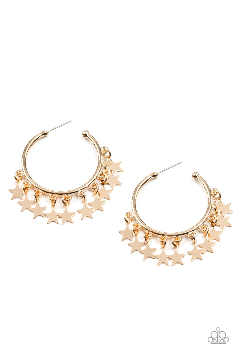 Paparazzi Accessories - Happy Independence Day - Gold Star Hoop Earrings a shiny collection of gold star charms trickles from the bottom of a classic gold hoop, creating a stellar fringe. Earring attaches to a standard post fitting. Hoop measures approximately 1 1/4" in diameter. Sold as one pair of hoop earrings.