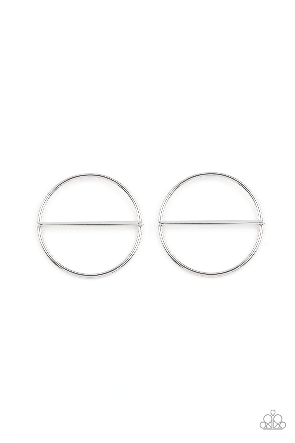 Paparazzi Accessories - Dynamic Diameter - Silver Earrings a glistening silver bar runs horizontally across the center of an oversized silver hoop, adding a timeless twist to the classic display. Earring attaches to a standard post fitting. Sold as one pair of post earrings.