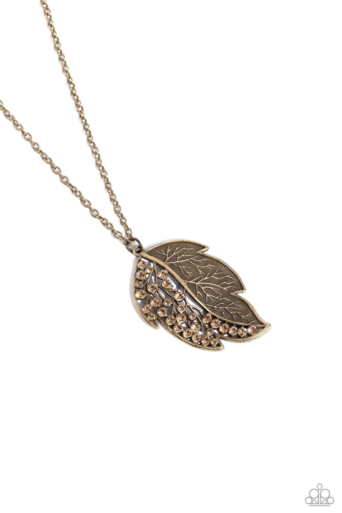 Paparazzi Accessories - A Mid-AUTUMN Nights Dream - Brass Necklaces a half of a lifelike brass leaf frame is adorned in glittering topaz rhinestones as it hangs from the bottom of a lengthened brass chain, creating a simple seasonal sparkle. Features an adjustable clasp closure. Sold as one individual necklace. Includes one pair of matching earrings.