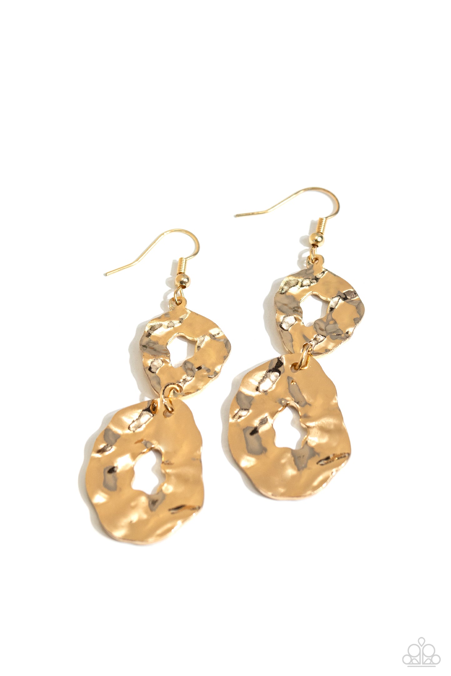 Paparazzi Accessories Gallery Gravitas - Gold Earrings featuring a warped hammered finish, a pair of asymmetrical gold frames delicately link into an abstract lure. Earring attaches to a standard fishhook fitting. Sold as one pair of earrings.