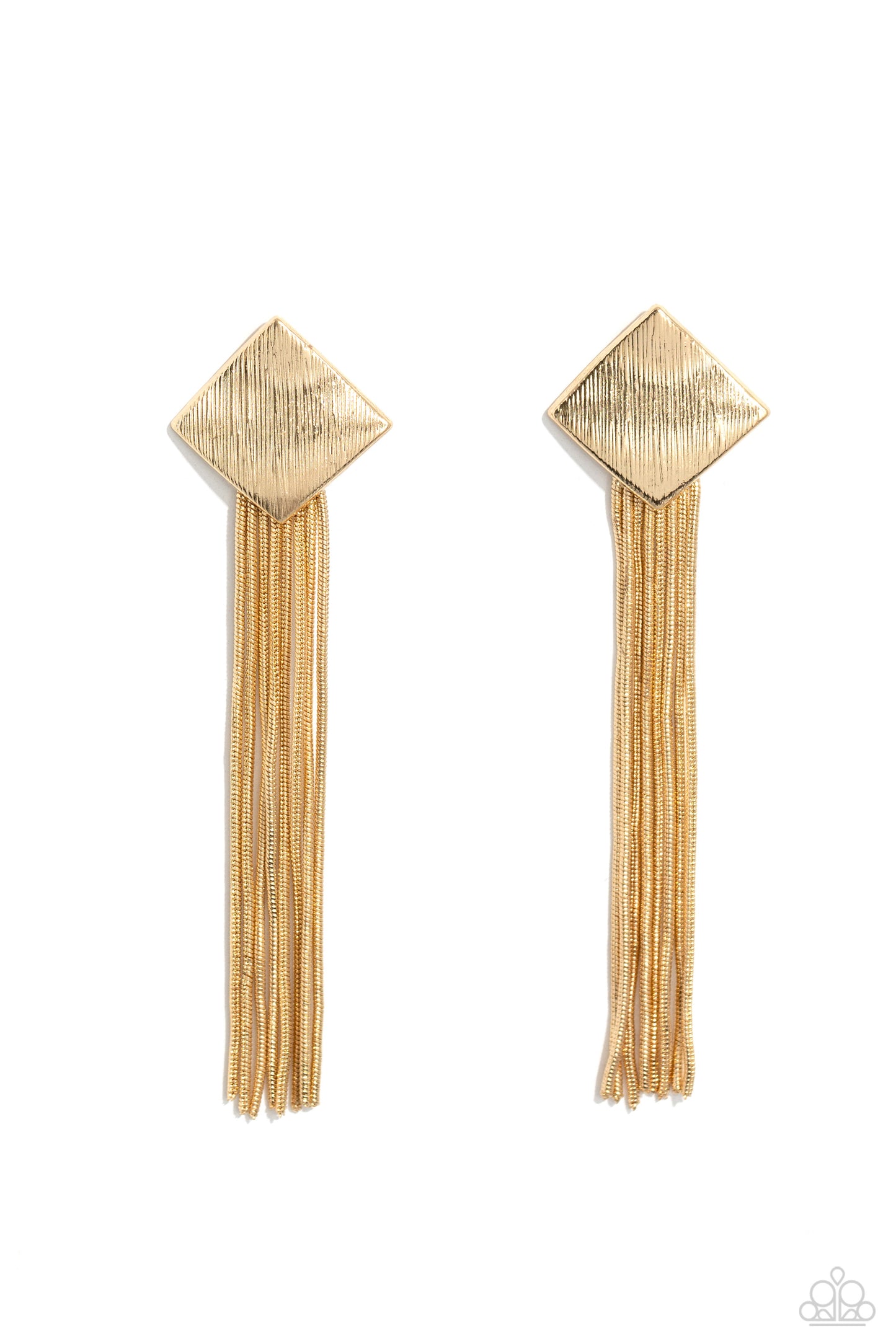Paparazzi Accessories - Experimental Elegance - Gold Earrings a curtain of rounded gold snake chains stream out from the bottom of a scratched gold frame, creating an edgy tassel. Earring attaches to a standard post fitting. Sold as one pair of post earrings.