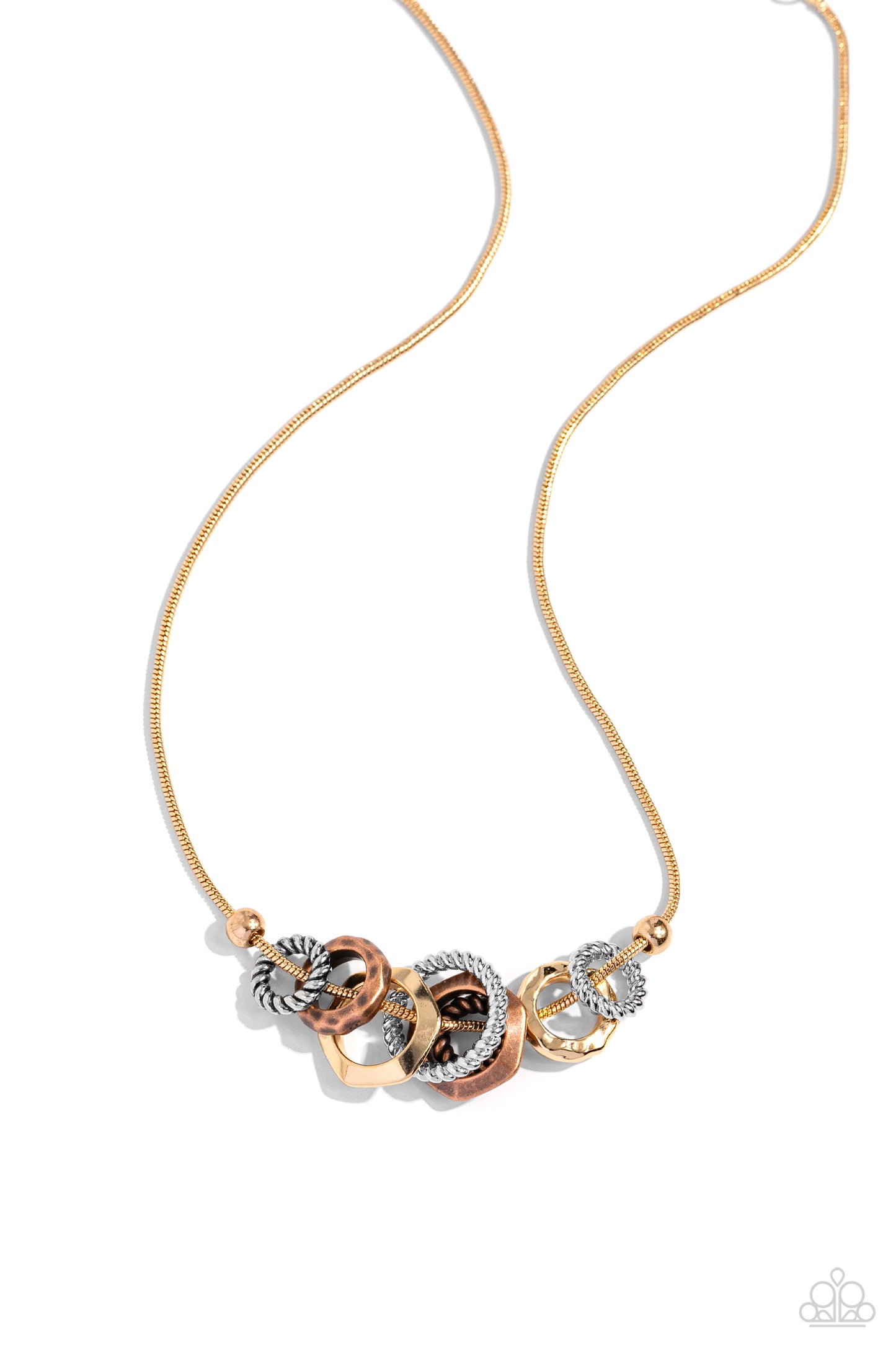 Paparazzi Accessories - Mechanical Mischief - Multi Necklaces a gritty assortment of ropelike rings, hammered rings, and faceted rings in gold, silver, and copper finishes glide along a rounded gold snake chain, creating an intense industrial display below the collar. Features an adjustable clasp closure. Sold as one individual necklace. Includes one pair of matching earrings.