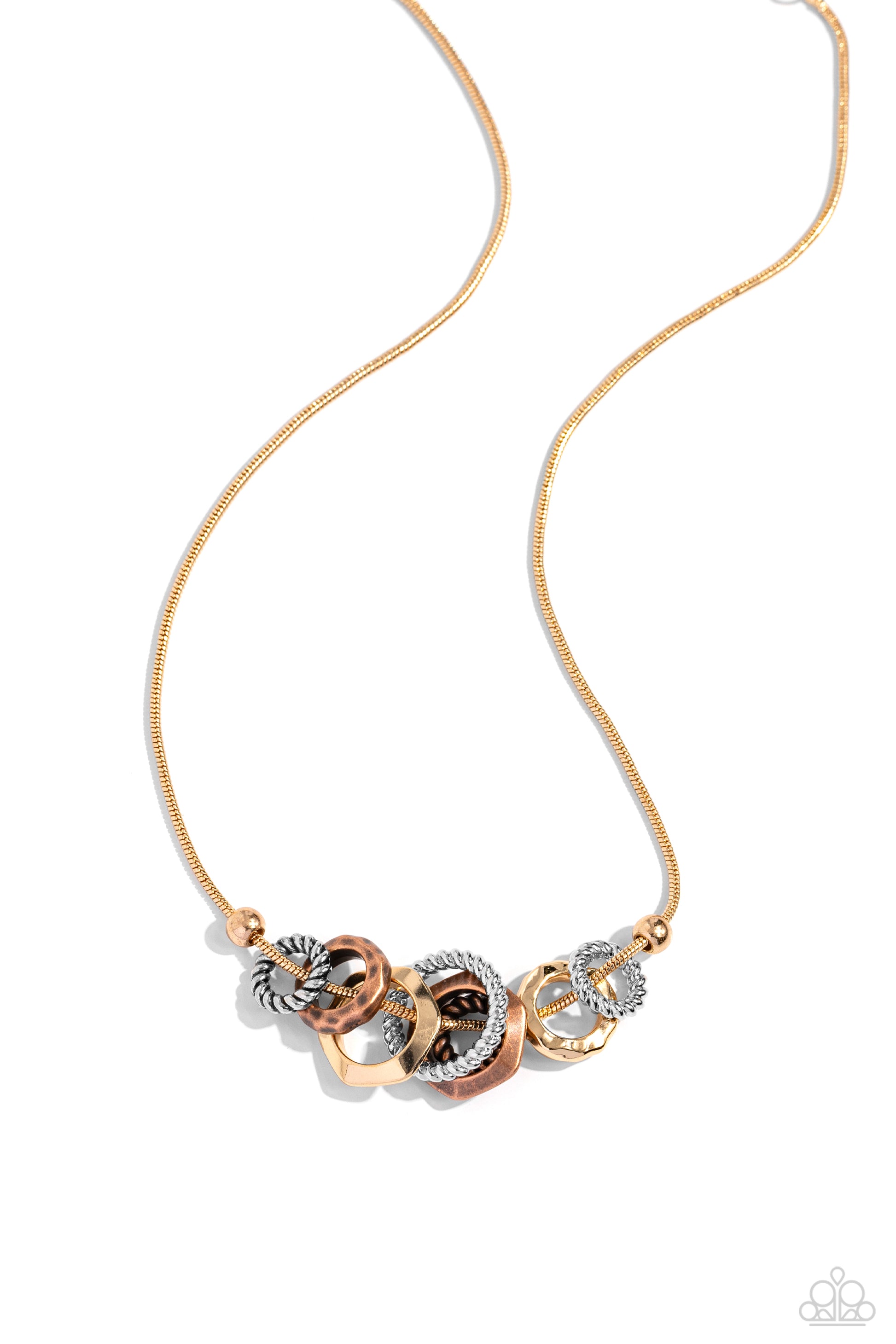 Paparazzi Accessories - Mechanical Mischief - Multi Necklaces a gritty assortment of ropelike rings, hammered rings, and faceted rings in gold, silver, and copper finishes glide along a rounded gold snake chain, creating an intense industrial display below the collar. Features an adjustable clasp closure.  Sold as one individual necklace. Includes one pair of matching earrings.