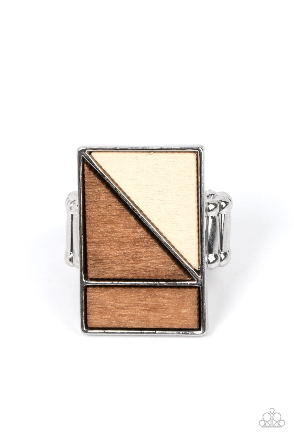 Paparazzi Accessories - Happily EVERGREEN After - Brown Wood Rings featuring natural white and brown finishes, triangular and rectangular wooden frames stack into a geometrically appealing centerpiece atop the finger. Features a stretchy band for a flexible fit.
Sold as one individual ring.