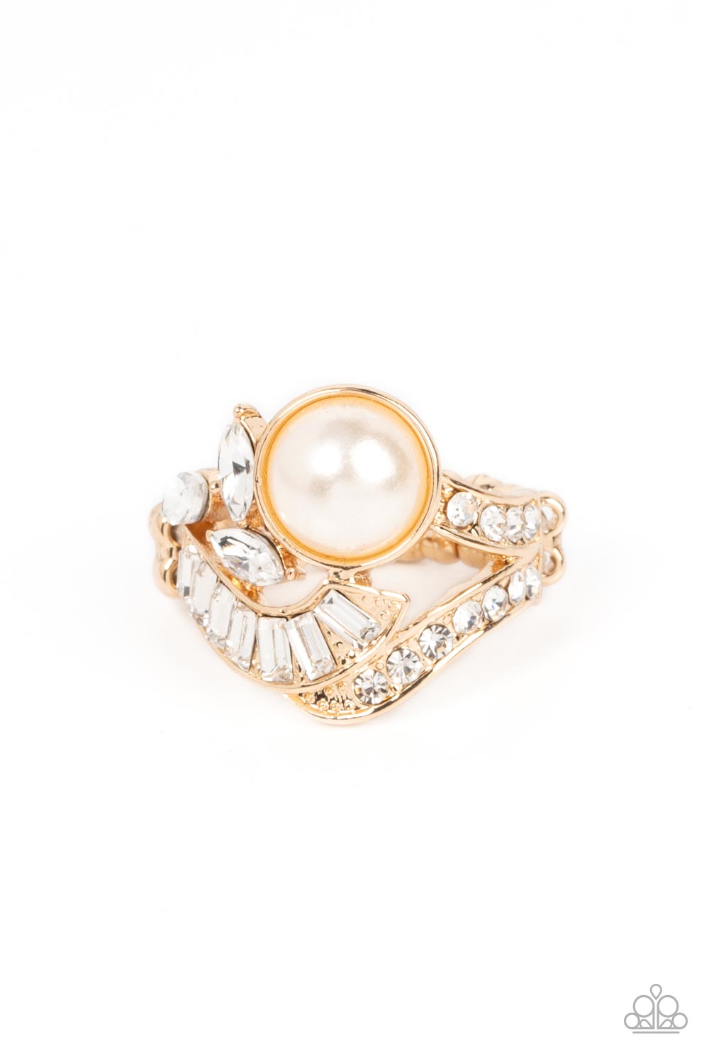 Paparazzi Accessories - Selfie Made Millionaire - Gold Rings gold ribbons adorned in round and emerald cut rhinestones delicately nestle around an oversized white pearl. Enhanced with a trio of white marquise cut rhinestones, the lavishly layered centerpiece sparkles atop the finger for an elegant fashion. Features a stretchy band for a flexible fit. Sold as one individual ring.