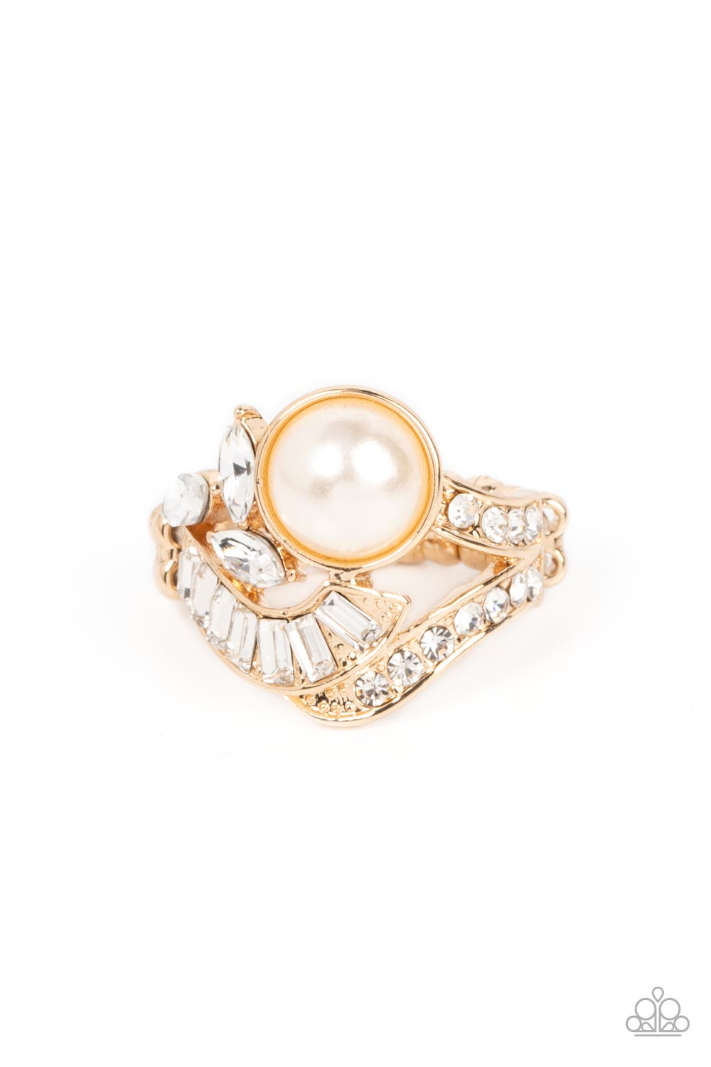 Paparazzi Accessories - Selfie Made Millionaire - Gold Rings gold ribbons adorned in round and emerald cut rhinestones delicately nestle around an oversized white pearl. Enhanced with a trio of white marquise cut rhinestones, the lavishly layered centerpiece sparkles atop the finger for an elegant fashion. Features a stretchy band for a flexible fit.  Sold as one individual ring.