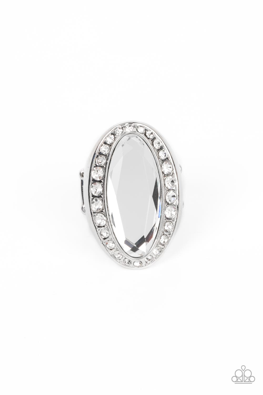 Paparazzi Accessories - Believe in Bling - White Ring bordered by a glitzy ring of white rhinestones, an oblong white gem embellishes the center of a dramatically oversized silver frame for a blinding finish. Features a stretchy band for a flexible fit. Sold as one individual ring.