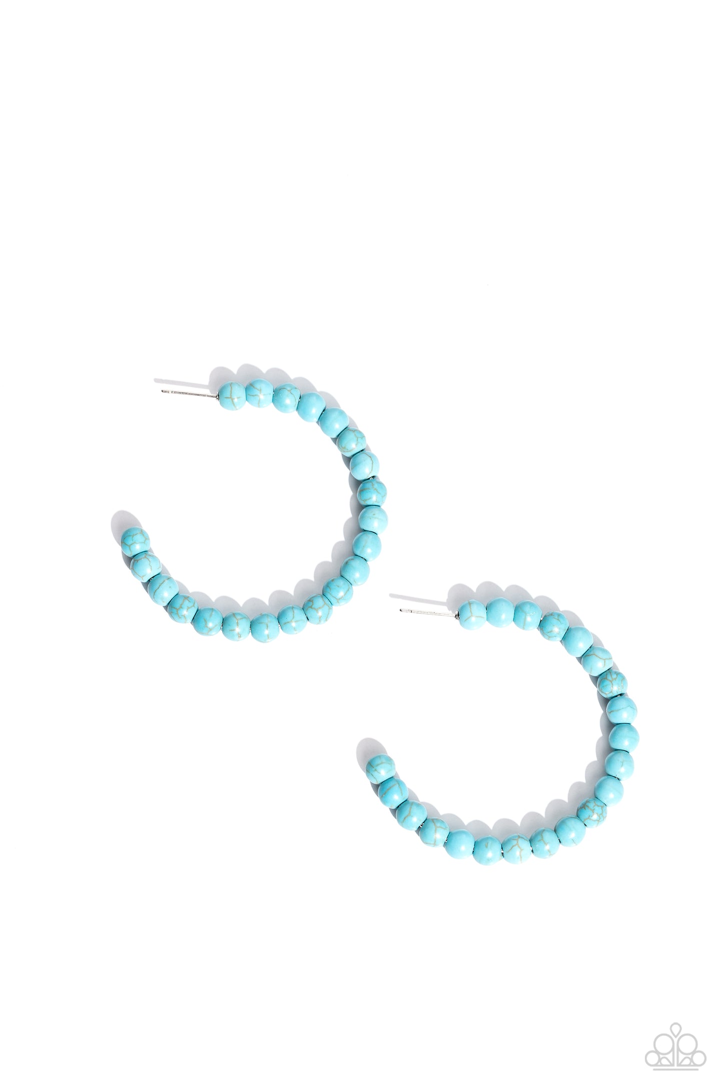 Paparazzi Accessories - Rural Retrograde - Blue Hoop Earrings refreshing turquoise stone beads are threaded along a dainty wire hoop, resulting in an earthy flair. Earring attaches to a standard post fitting. Hoop measures approximately 2" in diameter. Sold as one pair of hoop earrings.