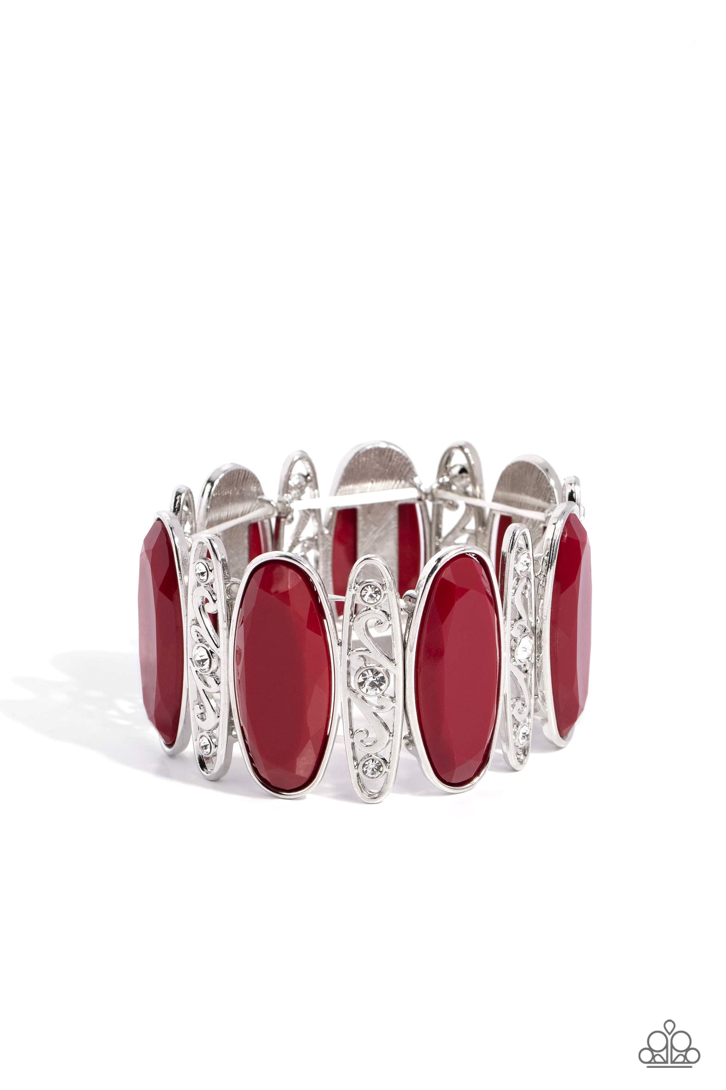 Paparazzi Accessories - Saturated Sparkle - Red Bracelets filled with vine-like filigree, white rhinestone dotted silver frames alternate with oversized and faceted wine beads along a stretchy band around the wrist for a hearty pop of color. Featured inside The Preview at Made for More! Sold as one individual bracelet.