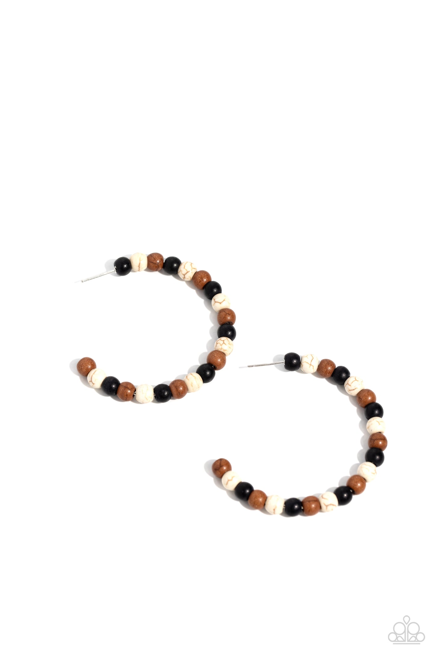 Paparazzi Accessories - Rural Retrograde - Multi Earrings earthy black, white, and Adobe stone beads are threaded along a dainty wire hoop, resulting in an earthy flair. Earring attaches to a standard post fitting. Hoop measures approximately 2" in diameter.  Sold as one pair of hoop earrings.