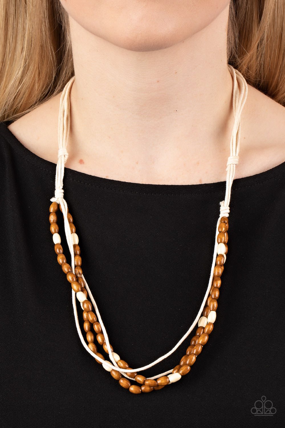 Paparazzi Accessories - Summer Odyssey - White Wood Necklace infused with layers of white cording, strands of brown and white wooden beads layer across the chest for a beach inspired flair. Features an adjustable sliding knot closure. >  Sold as one individual necklace.