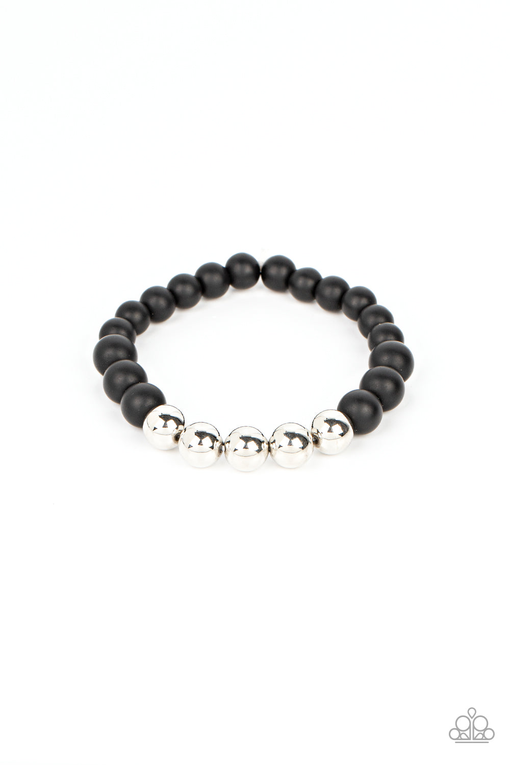 Paparazzi Accessories - METALHEAD in The Clouds - Black Bracelets a section of silver beads joins polished black stone beads along stretchy bands around the wrist, resulting in a metallic edge. Sold as one individual bracelet.