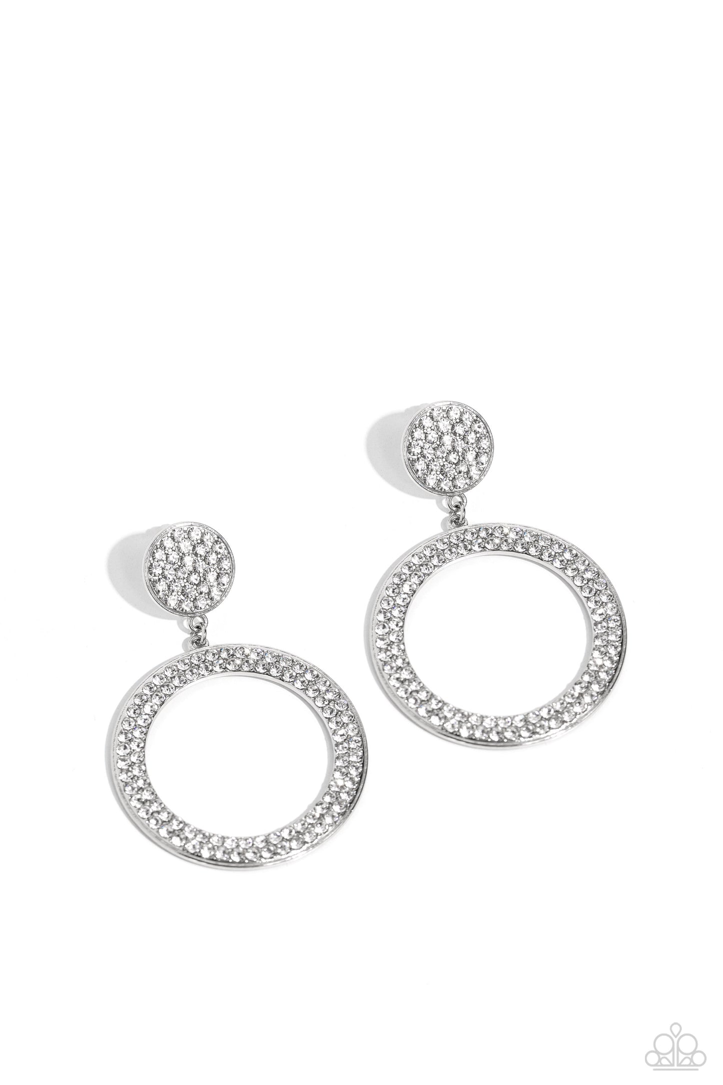 Paparazzi Accessories - GLOW You Away - White Earrings encrusted in rows of glassy white rhinestones, a flat silver hoop swings from the bottom of a white rhinestone dotted silver frame for a statement-making finish. Earring attaches to a standard post fitting. Sold as one pair of post earrings.