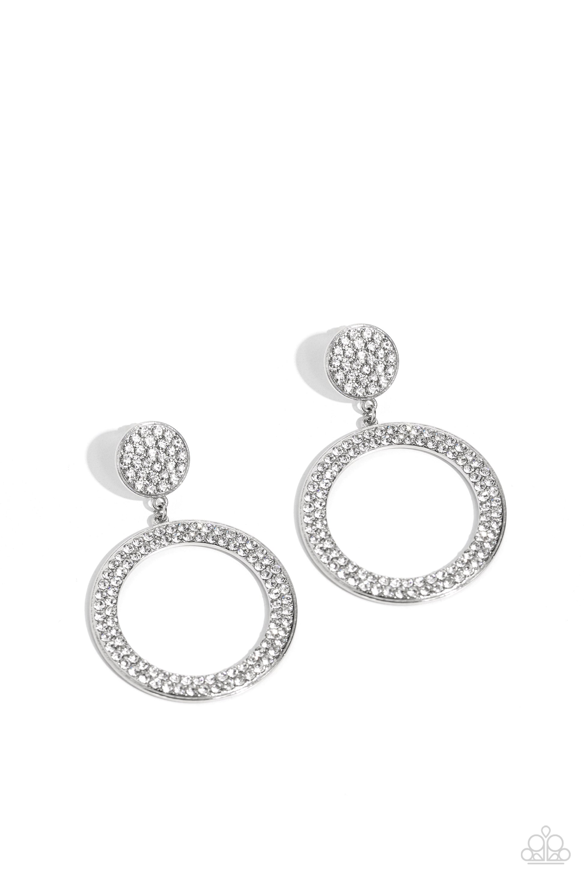 Paparazzi Accessories - GLOW You Away - White Earrings encrusted in rows of glassy white rhinestones, a flat silver hoop swings from the bottom of a white rhinestone dotted silver frame for a statement-making finish. Earring attaches to a standard post fitting.  Sold as one pair of post earrings.