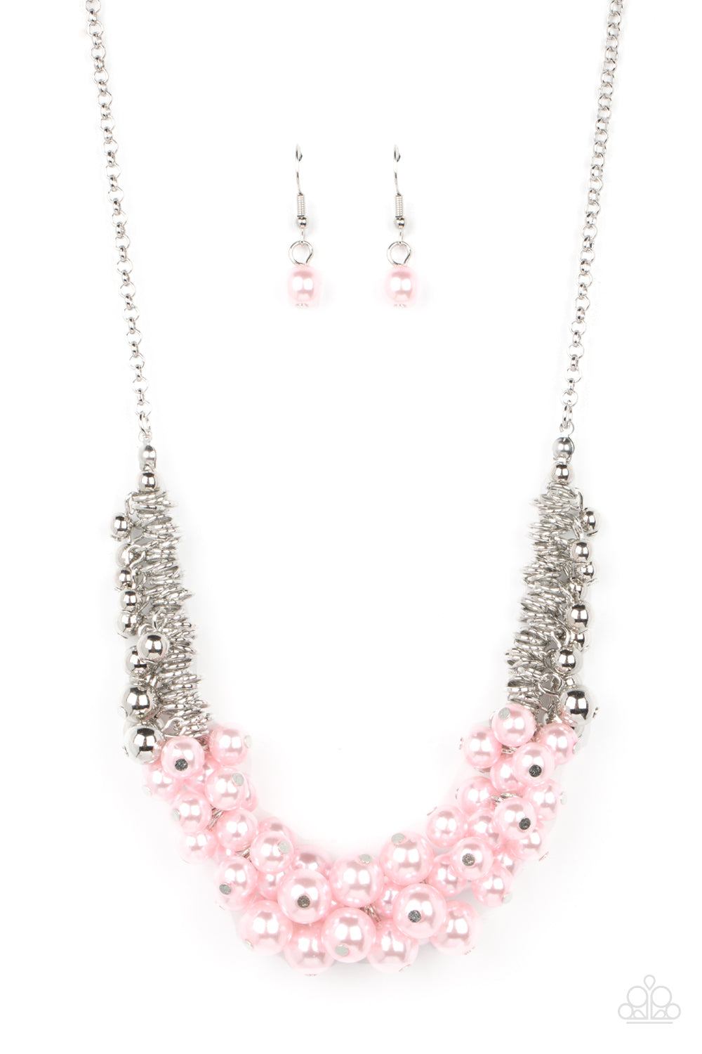 Paparazzi Accessories - Bonus Points - Pink Pearl Necklace a bubbly cluster of Gossamer Pink pearls are bunched together between hanging silver beads that dangle between jampacked rows of silver rings, resulting in exaggerated effervescence below the collar. Features an adjustable clasp closure.  Sold as one individual necklace. Includes one pair of matching earrings.