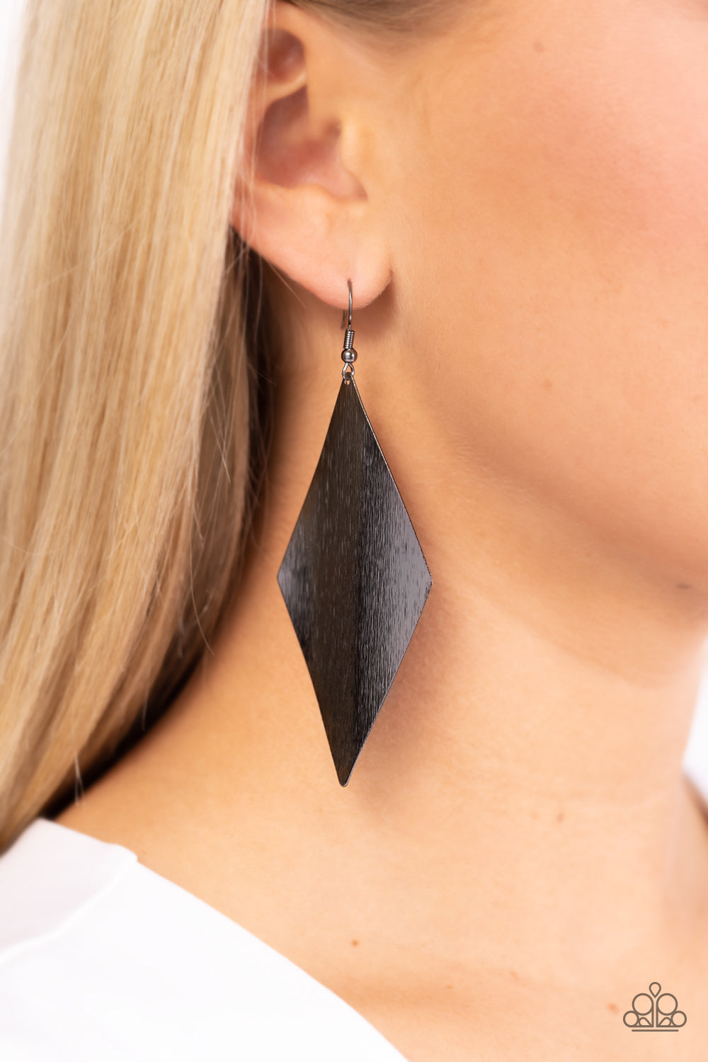 Paparazzi Accessories - Retro Rally - Black Earrings etched in shimmer, a kite-shaped gunmetal frame delicately folds and ripples as it falls from the ear for an edgy vibe. Earring attaches to a standard fishhook fitting. Sold as one pair of earrings.