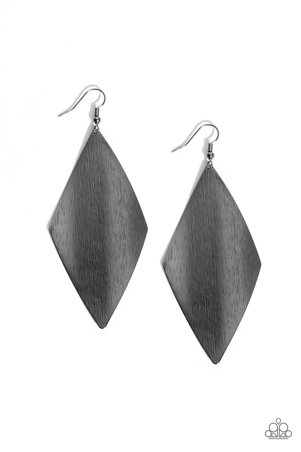 Paparazzi Accessories - Retro Rally - Black Earrings etched in shimmer, a kite-shaped gunmetal frame delicately folds and ripples as it falls from the ear for an edgy vibe. Earring attaches to a standard fishhook fitting. Sold as one pair of earrings.