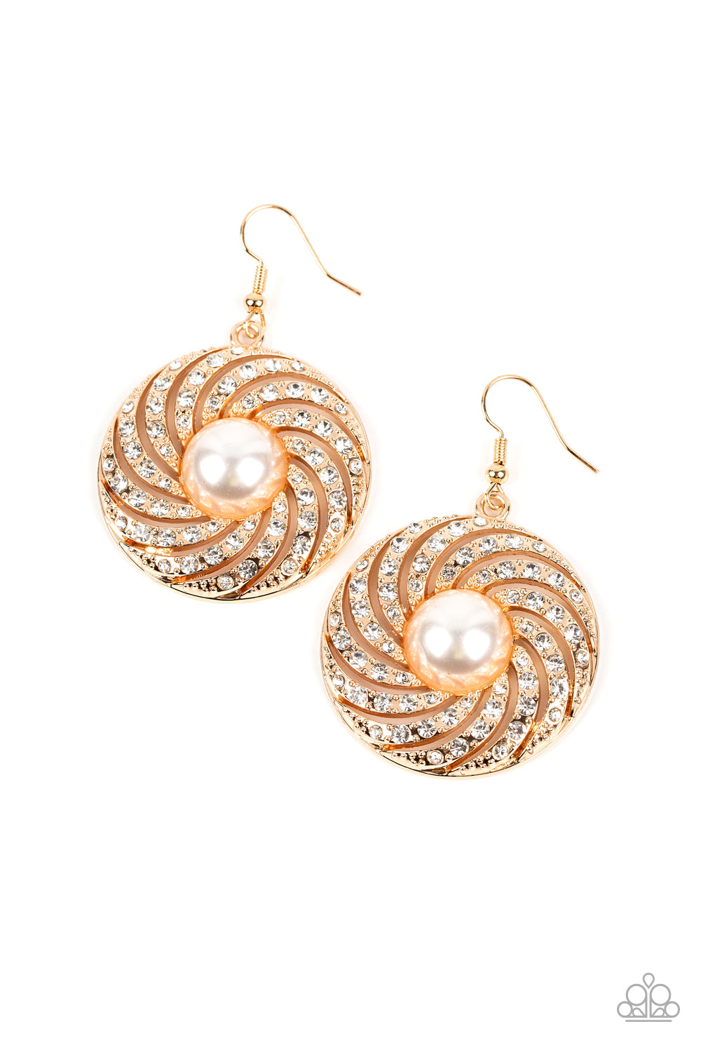 Paparazzi Accessories - Vintage Vortex - Gold Pearl Earrings dotted in dainty gold studs, ribbons of white rhinestones whirl around an oversized pearl center for a hypnotic twinkle. Earring attaches to a standard fishhook fitting.  Sold as one pair of earrings.