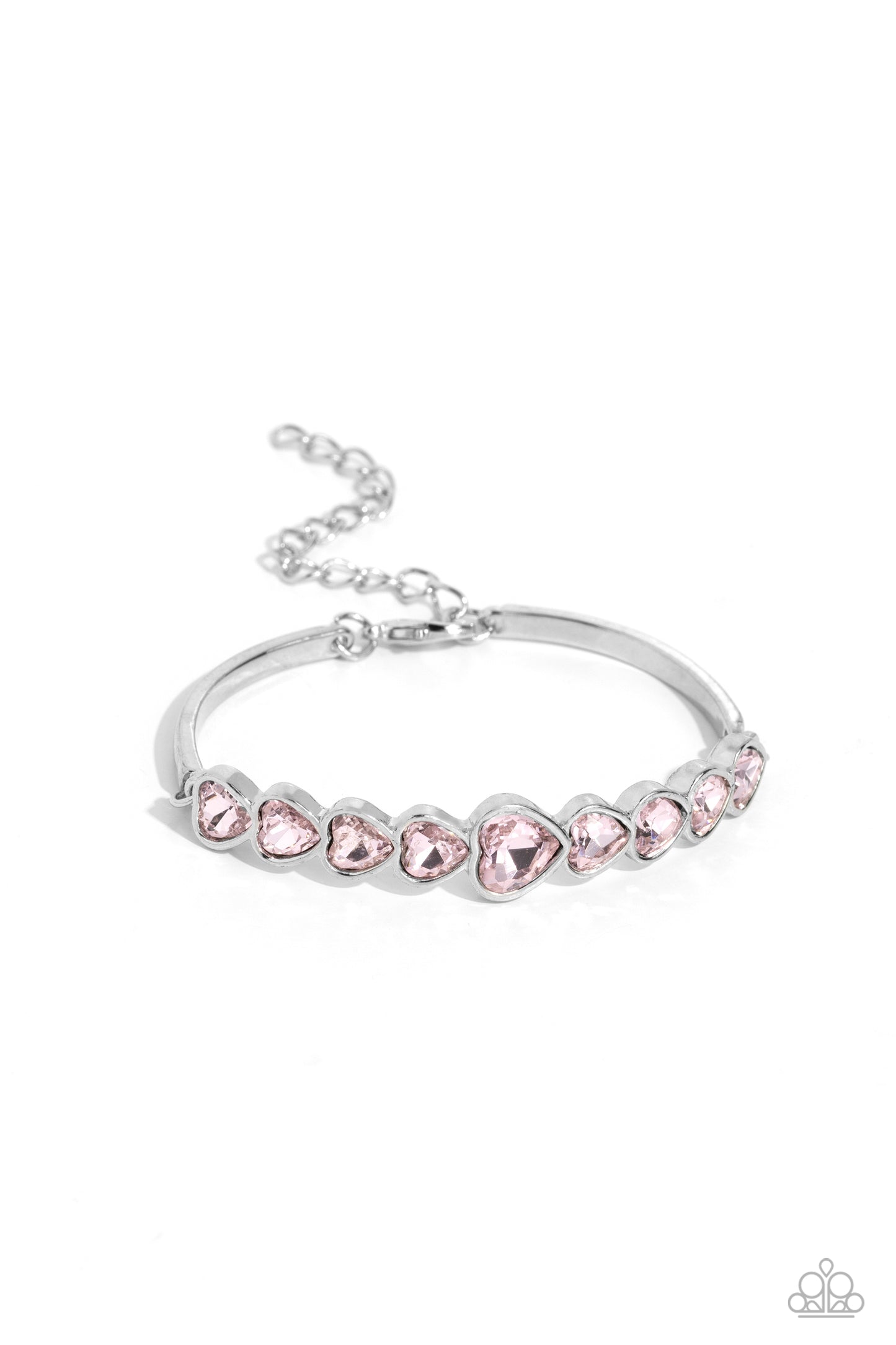 Paparazzi Accessories - Lusty Luster - Pink Heart Bracelets attached to silver bars, a sparkling series of heart cut Gossamer Pink gems are encased in glistening silver frames that curve into a flirtatious centerpiece atop the wrist. Features an adjustable clasp closure. Sold as one individual bracelet.