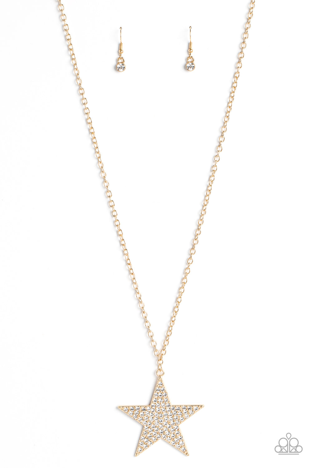 Paparazzi Accessories - Rock Star Sparkle Gold Necklaces a front of an oversized gold star is encrusted in blinding white rhinestones, resulting in a stellar pendant at the bottom of a lengthened gold chain. Features an adjustable clasp closure.  Sold as one individual necklace. Includes one pair of matching earrings.