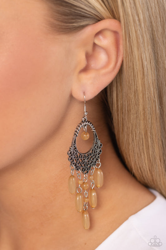 Paparazzi Accessories - Botanical Escape - Brown Earrings studded silver filigree vines across the bottom of a decorative teardrop frame, blooming into a whimsical floral pattern. A single brown bead swings from the top of the frame, colorfully complementing the round and oval beaded fringe dancing from the bottom of the display. Earring attaches to a standard fishhook fitting. Featured inside The Preview at Made for More! Sold as one pair of earrings.