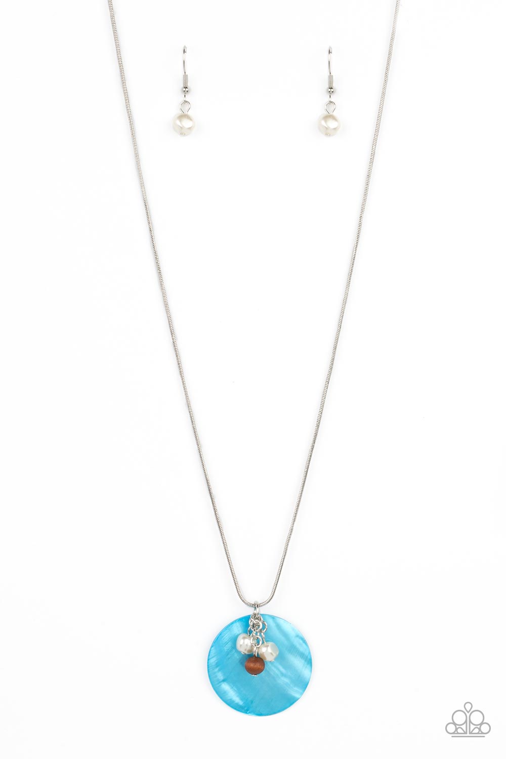 Paparazzi Accessories - Beach House Harmony - Blue Shell Necklace dainty pearls and wooden beads dangle over a smooth oversized blue shell. Features an adjustable clasp closure.  Sold as one individual necklace. Includes one pair of matching earrings.