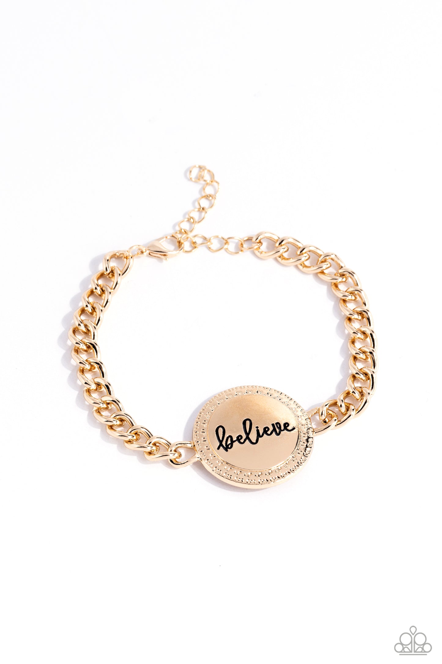 Paparazzi Accessories - Hope and Faith - Gold Bracelets a gold disc is anchored at the center of a thick gold chain that wraps around the wrist. The word "believe" is etched into the center of the gold disc in a fancy script as a textured border decorates the edge. Features an adjustable clasp closure. Sold as one individual bracelet.