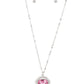 Paparazzi Accessories - Galloping Gala - Pink Necklacesaa dramatically oversized, emerald-cut pink gem shimmers as it swings from the bottom of a long silver chain. Dainty white rhinestones create an airy frame that wrap around the reflective centerpiece, scattering light in every direction in a blinding finish. Features an adjustable clasp closure.  Sold as one individual necklace. Includes one pair of matching earrings.