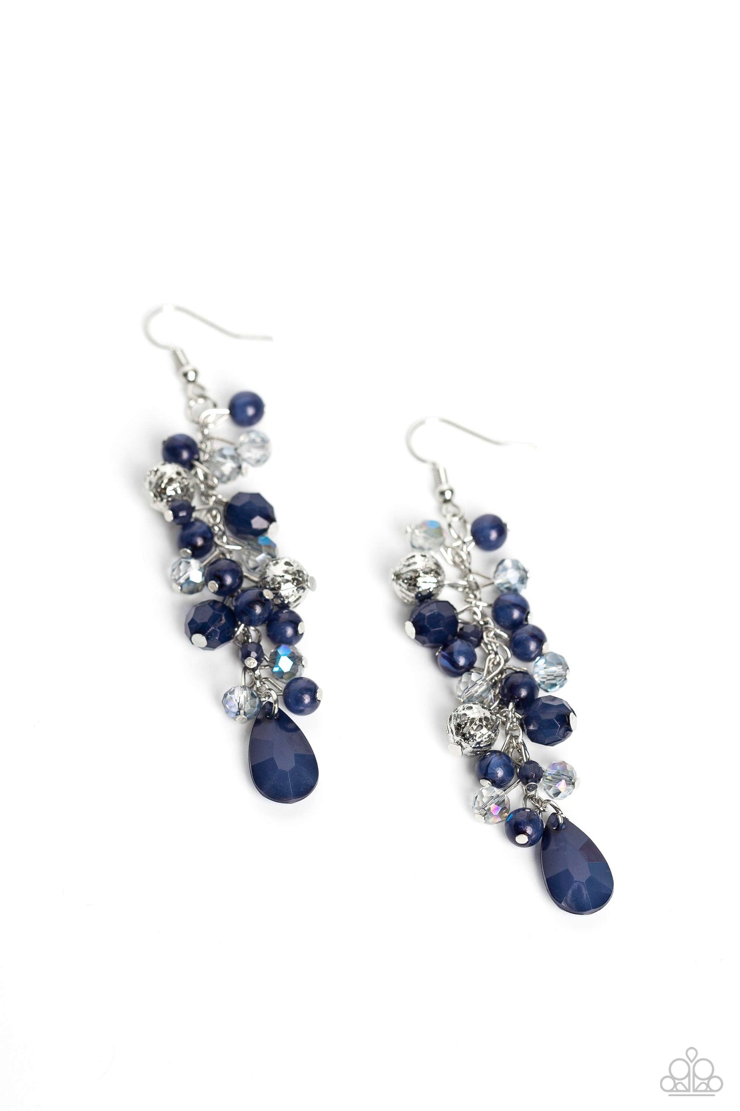 boisterous collection of blue teardrop and round beads, textured silver accents, and faceted blue crystal-like beads trickle from a double strand of silver chain, resulting in flirtatious layers down the neckline. Features an adjustable clasp closure. A dainty collection of blue teardrop and round beads, textured silver accents, and faceted blue crystal-like beads trickle from a single strand of silver chain, resulting in a cheekily clustered chandelier. Earring attaches to a standard fishhook fitting.