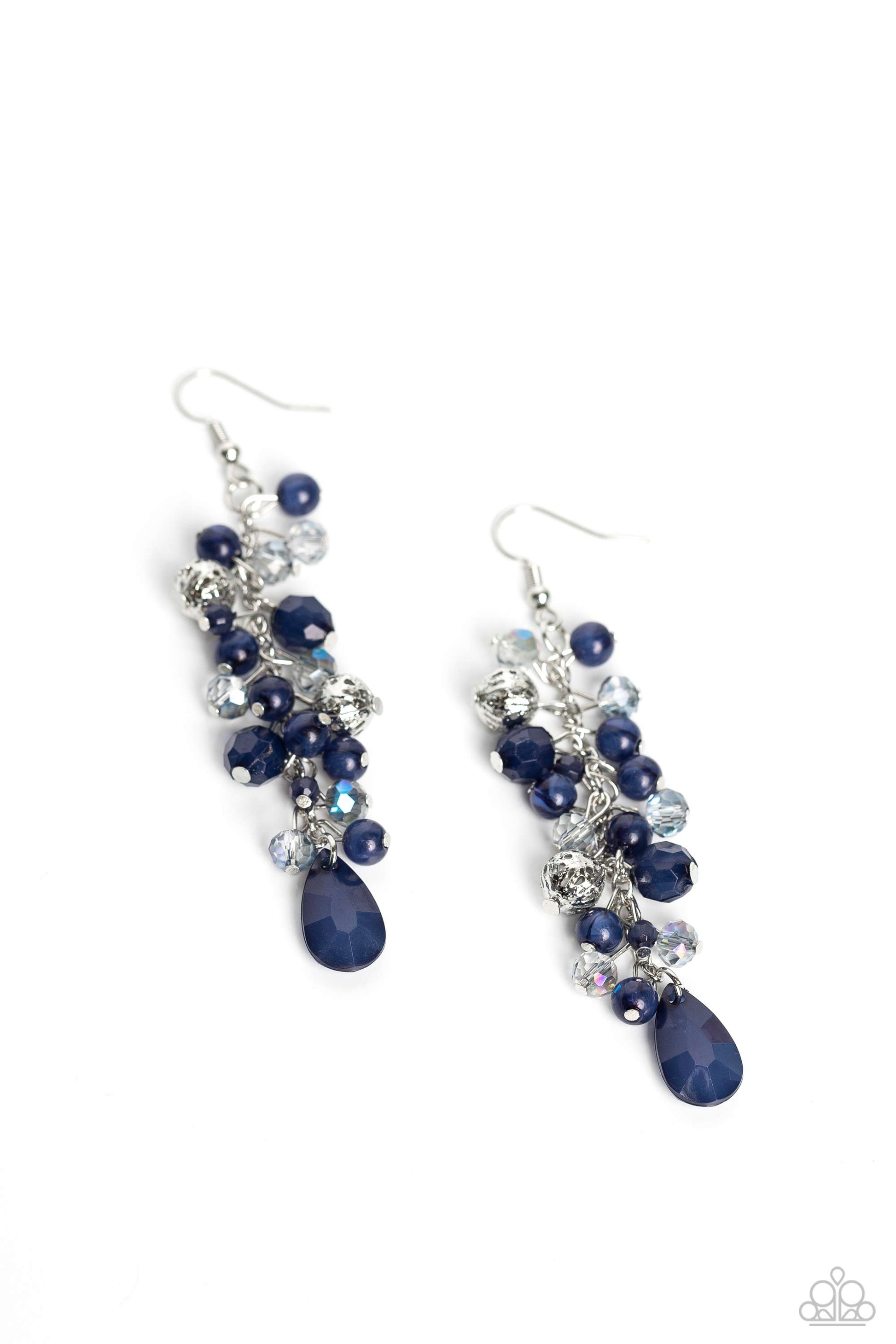 boisterous collection of blue teardrop and round beads, textured silver accents, and faceted blue crystal-like beads trickle from a double strand of silver chain, resulting in flirtatious layers down the neckline. Features an adjustable clasp closure. A dainty collection of blue teardrop and round beads, textured silver accents, and faceted blue crystal-like beads trickle from a single strand of silver chain, resulting in a cheekily clustered chandelier. Earring attaches to a standard fishhook fitting.