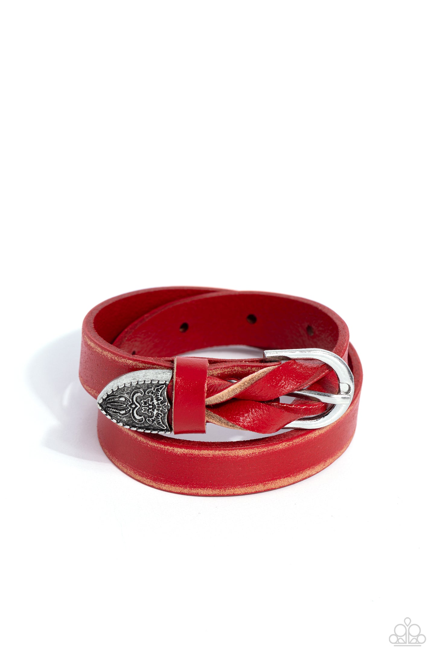 Paparazzi Accessories - Coat of Arms - Red Braceleloofeaturing a weathered finish, a red leather band loops around the wrist in a belt loop fashion. Featured at the end of the loop, the leather braids into a silver cap fitting, embossed with a coat of arms style filigree for an urban statement. Features an adjustable belt loop closure. Featured inside The Preview at Made for More! Sold as one individual bracelet.