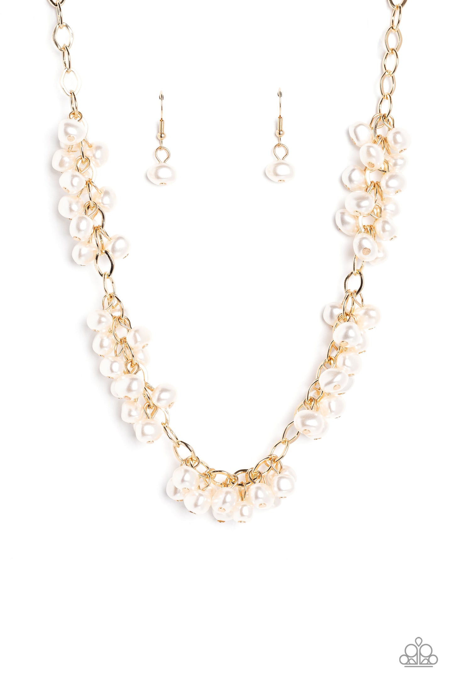 Paparazzi Accessories - Pearl Parlor - Gold Pearl Necklaces a cascade of classic white pearly beads dangle from a high-sheen gold, oval linked chain. The pearly beads cluster across the neckline, creating a refined pop of color. Features an adjustable clasp closure. Sold as one individual necklace. Includes one pair of matching earrings.