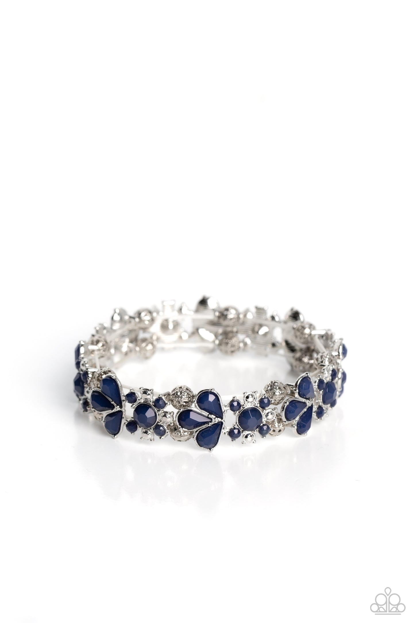 Paparazzi Accessories - Teasing Torrent - Blue Bracelets a flourishing collection of Midnight round, and teardrop beads coalesce into abstract floral-inspired frames. Separating each floral frame, airy, silver-studded beads are infused along elastic stretchy bands, creating a dash of shimmer to the whimsically colorful design around the wrist. Sold as one individual bracelet.