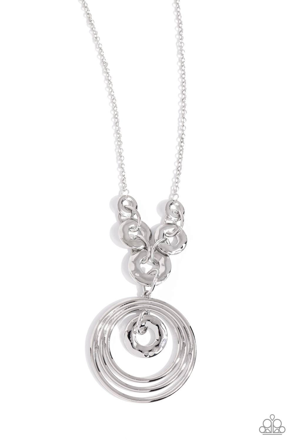 Paparazzi Accessories - High HOOPS - Silver Necklaces a trio of shiny silver rings swings from the bottom of a collection of hammered, silver hoops connected to an elongated chain in the same hue, creating an asymmetrically stacked pendant. A hammered silver ring swings in the center of the shiny rings, creating additional monochromaticity. Features an adjustable clasp closure. Featured inside The Preview at Made for More! Sold as one individual necklace. Includes one pair of matching earrings.