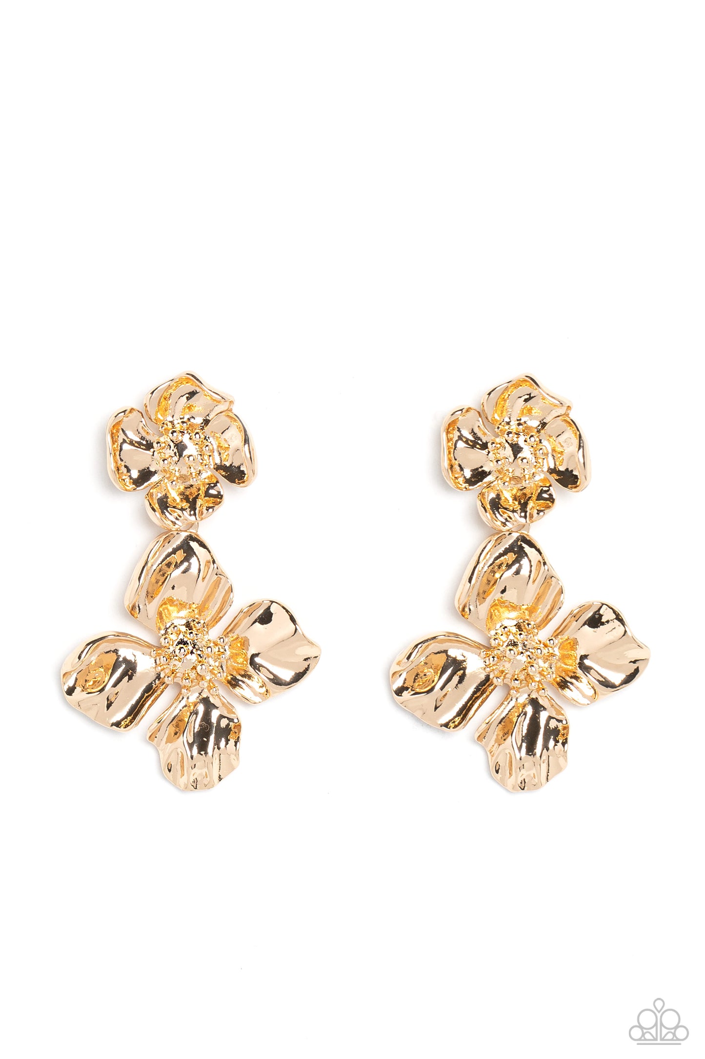 Paparazzi Accessories - Gilded Grace - Gold Earrings featuring a warped metallic texture, an oversized gold flower hangs from a smaller gold flower for a whimsical finish. Dainty gold studs coalesce the centers of each flower, adding tactile detail to the floral design. Earring attaches to a standard post fitting. Sold as one pair of post earrings.