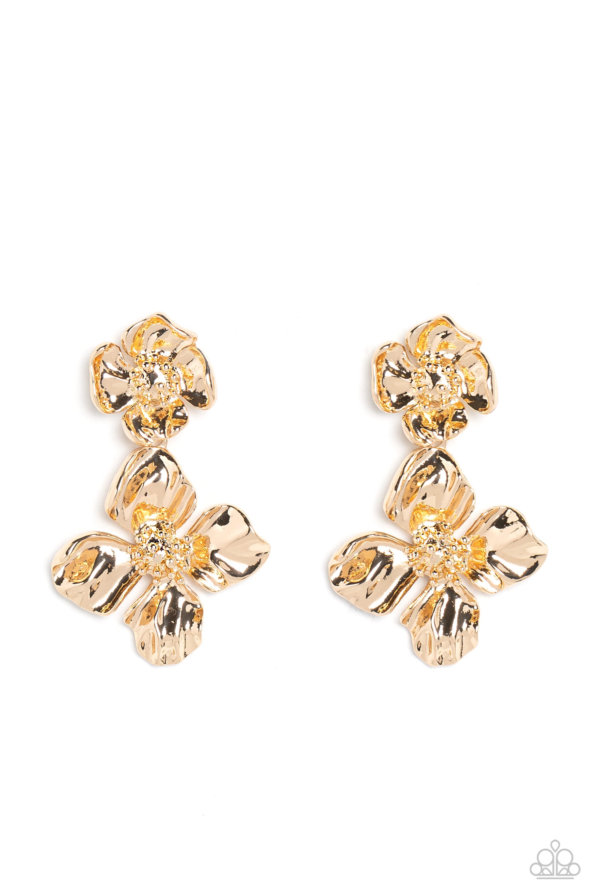 Paparazzi Accessories - Gilded Grace - Gold Earrings featuring a warped metallic texture, an oversized gold flower hangs from a smaller gold flower for a whimsical finish. Dainty gold studs coalesce the centers of each flower, adding tactile detail to the floral design. Earring attaches to a standard post fitting. Sold as one pair of post earrings.