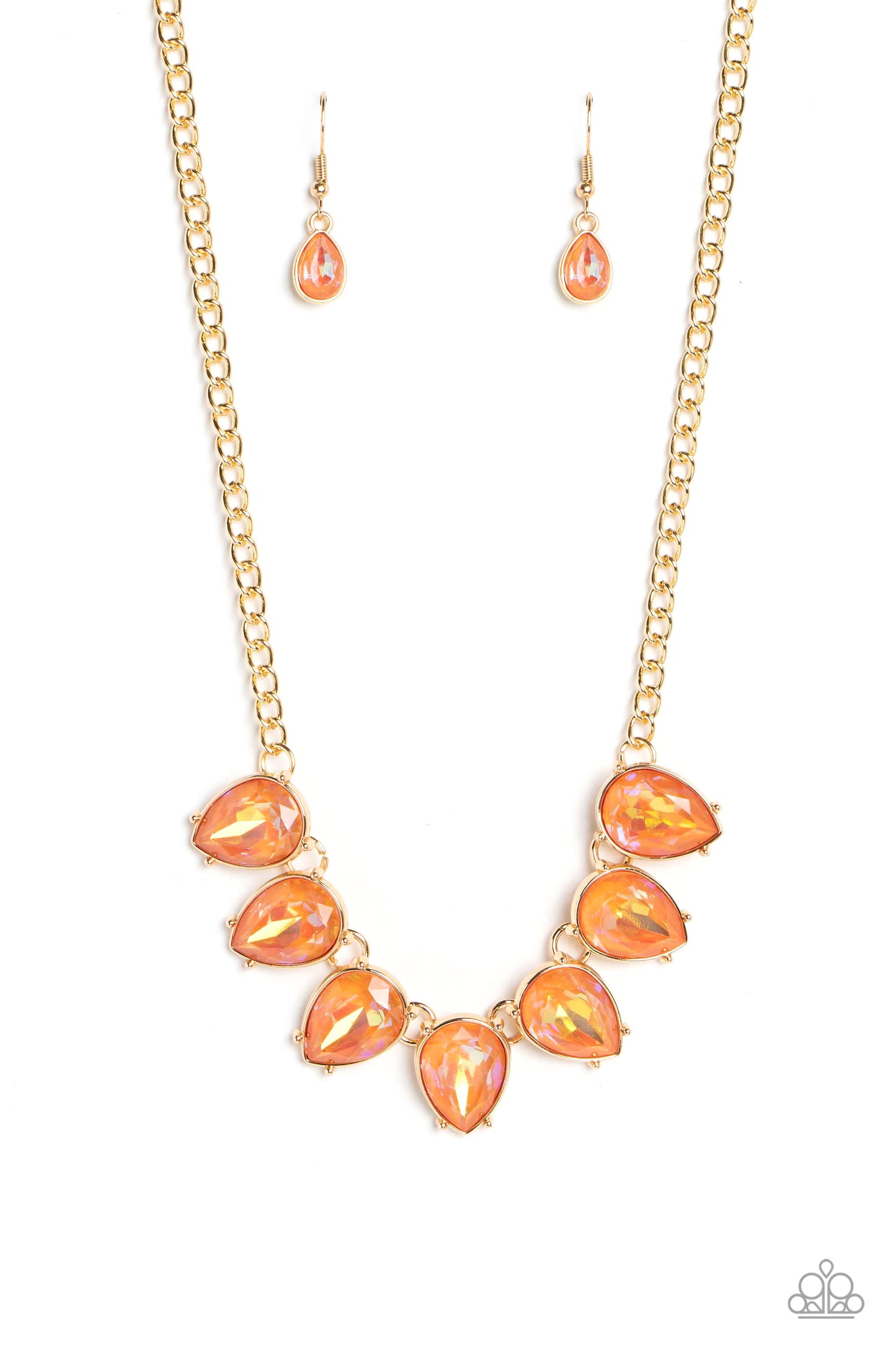 Paparazzi Accessories - FLIRTY Dancing - Orange Necklaces gliding down a classic gold chain, a twinkling collection of gold-pronged, orange, reflective, upside down teardrops glitter down the chest. The sparkly and sharp display fearlessly dances to its own beat, creating a flirtatiously fierce fringe. Features an adjustable clasp closure. Sold as one individual necklace. Includes one pair of matching earrings.