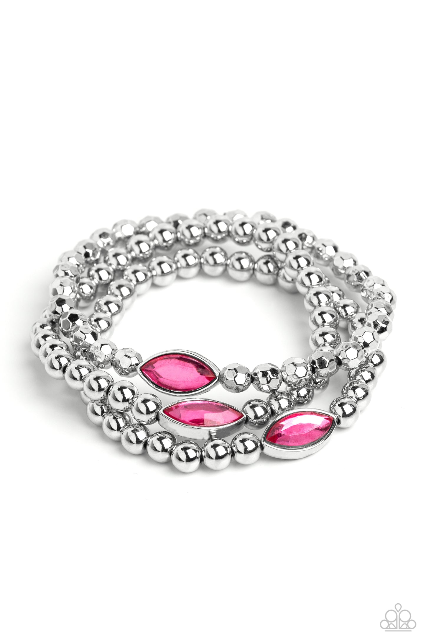 Paparazzi Accessories - Twinkling Team - Pink Bracelets featured in the center of a faceted and smooth silver beaded display, a dazzling Pink Peacock, marquise-cut gem pressed in a sleek silver frame wraps around the wrist on elastic stretchy bands for a classy statement. Sold as one set of three bracelets.