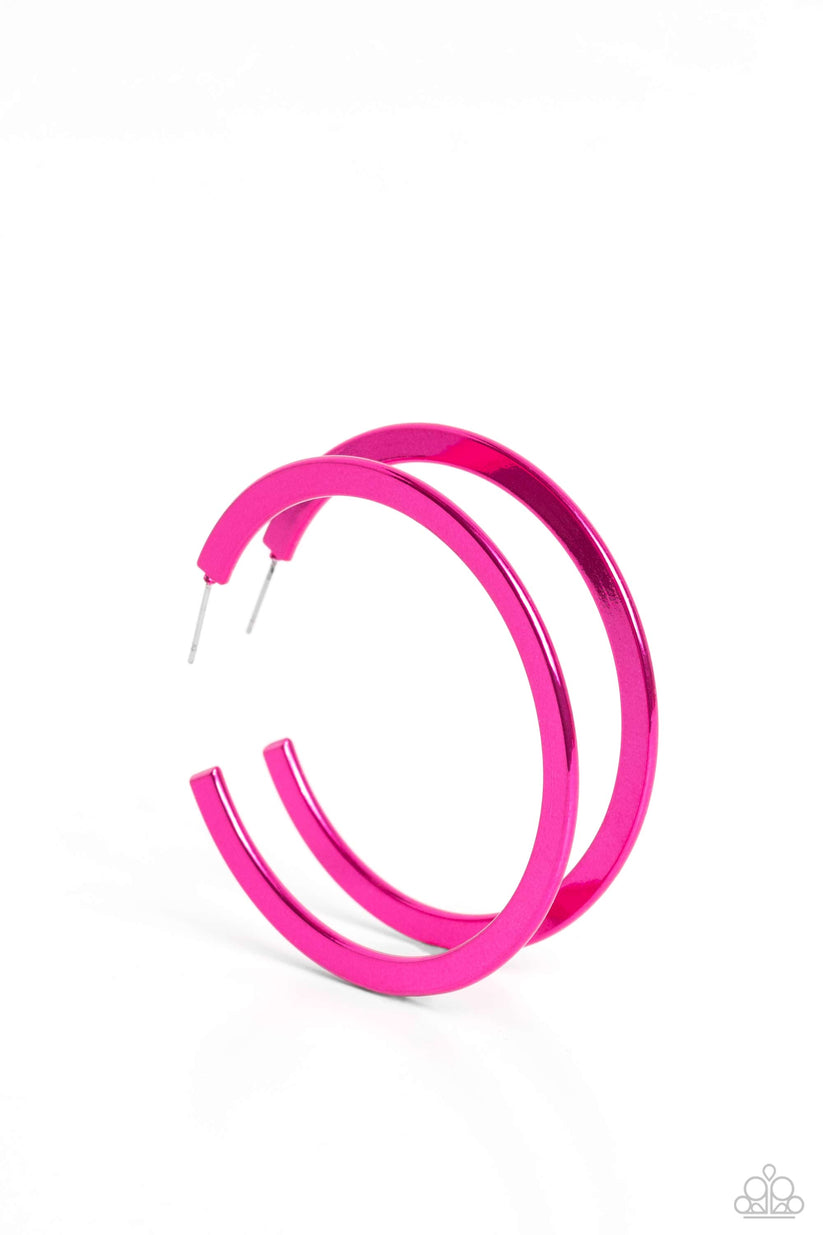 Paparazzi Accessories - Pop HOOP - Pink Earrings a flat, vibrant pink bar curls around the ear, creating an off-the-chart shine. Earring attaches to a standard post fitting. Hoop measures 2 1/4β in diameter. Sold as one pair of hoop earrings.