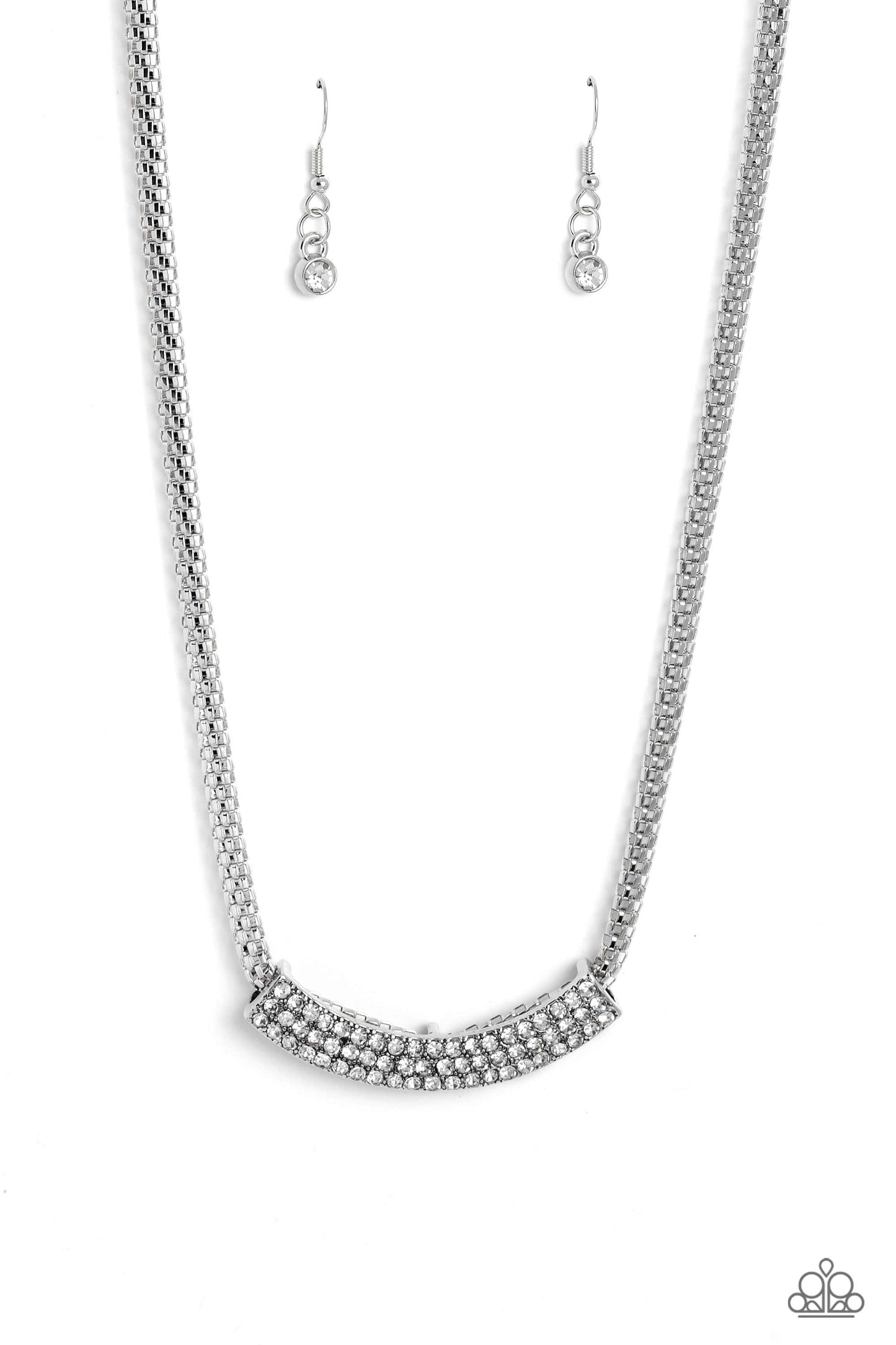 Paparazzi Accessories - Swing Dance Dream - Silver Necklaces featuring a high-sheen finish, a curved silver pendant slides along a rounded silver mesh chain below the collar. Three rows of dainty white rhinestones encrusted along the silver frame, add hints of shimmer to the bold industrial palette. Features an adjustable clasp closure. Sold as one individual necklace. Includes one pair of matching earrings.