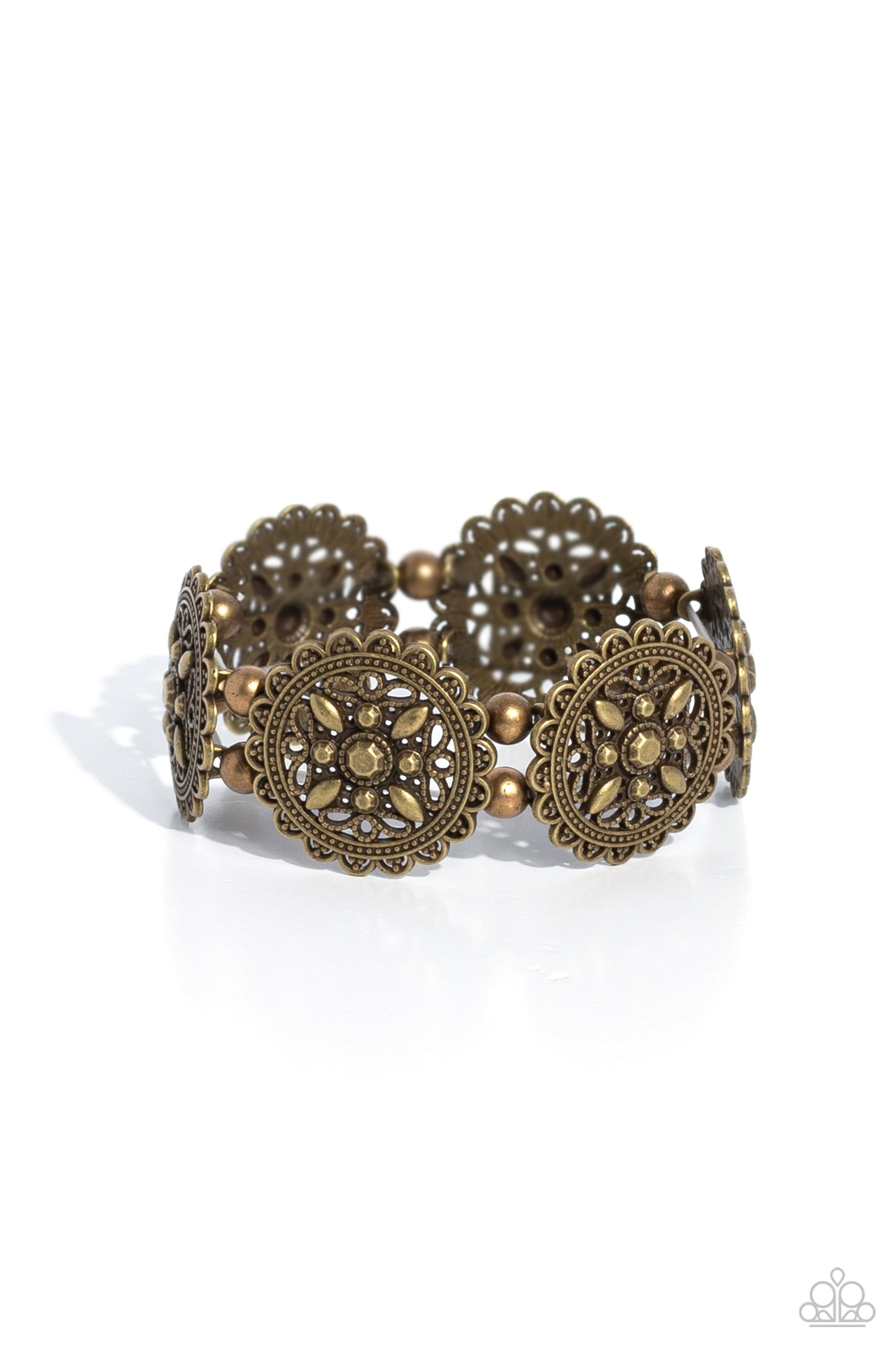 Paparazzi Accessories - Leave of Lace - Brass Bracelets filled with lace-like filigree, an antiqued collection of brass circular frames are delicately threaded along stretchy bands around the wrist for a whimsically vintage look. High-sheen brass beads separate each floral filigree disc for additional monochromatic glow. Sold as one individual bracelet.