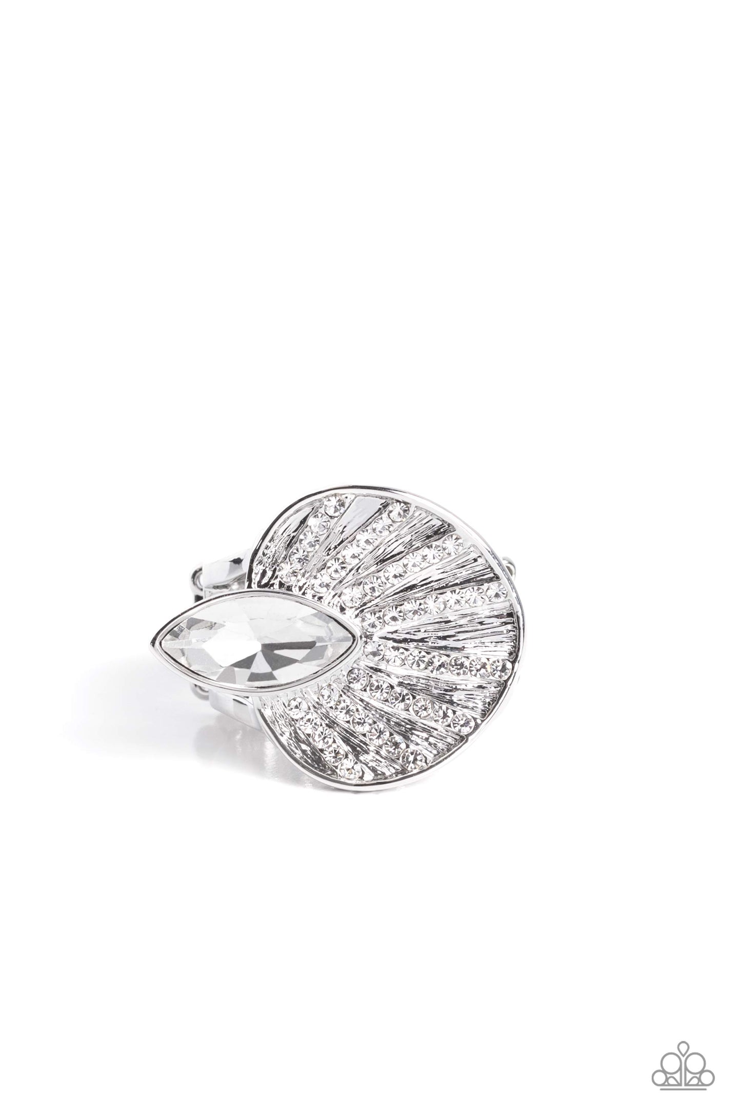 Paparazzi Accessories - Fan Dance Dazzle - White Ring an asymmetrical silver disc, featuring linear layers of dainty white rhinestones against a textured backdrop, reflect light off its every angle from airy silver bands. A marquise-cut white gem interrupts the fan-like pendant, creating additional shine to the glitzy display. Features a stretchy band for a flexible fit. Sold as one individual ring.