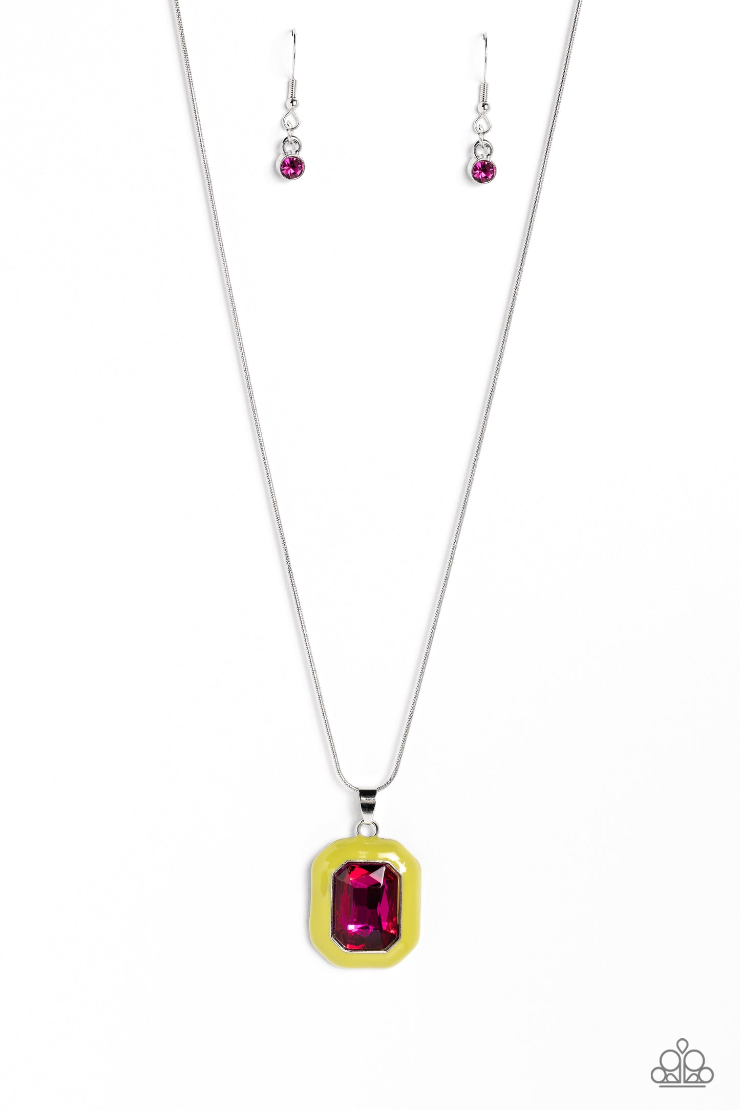 Paparazzi Accessories - Emerald Energy - Multi Necklace an oversized, fuchsia emerald-cut gem is bordered by a frame of neon Love Bird, creating a bright pendant that swings from the bottom of a silver snake chain. Features an adjustable clasp closure. Sold as one individual necklace. Includes one pair of matching earrings.