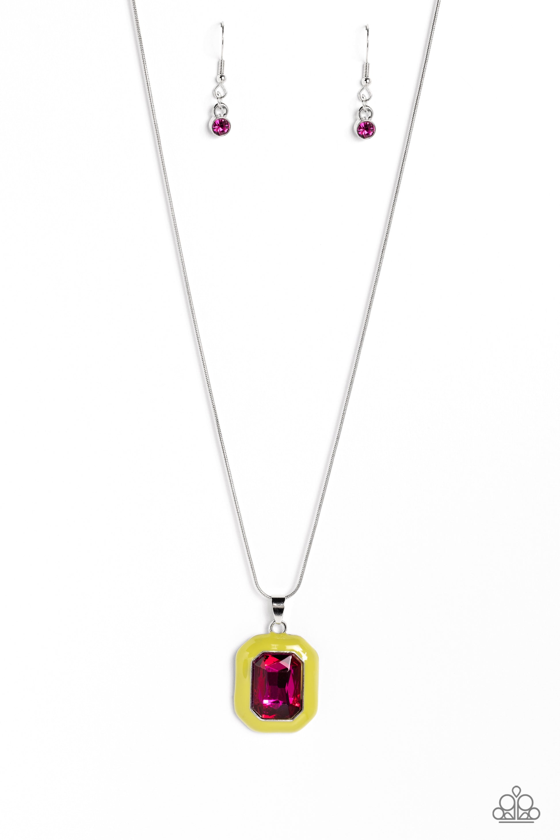 Paparazzi Accessories - Emerald Energy - Multi Necklace an oversized, fuchsia emerald-cut gem is bordered by a frame of neon Love Bird, creating a bright pendant that swings from the bottom of a silver snake chain. Features an adjustable clasp closure.  Sold as one individual necklace. Includes one pair of matching earrings.