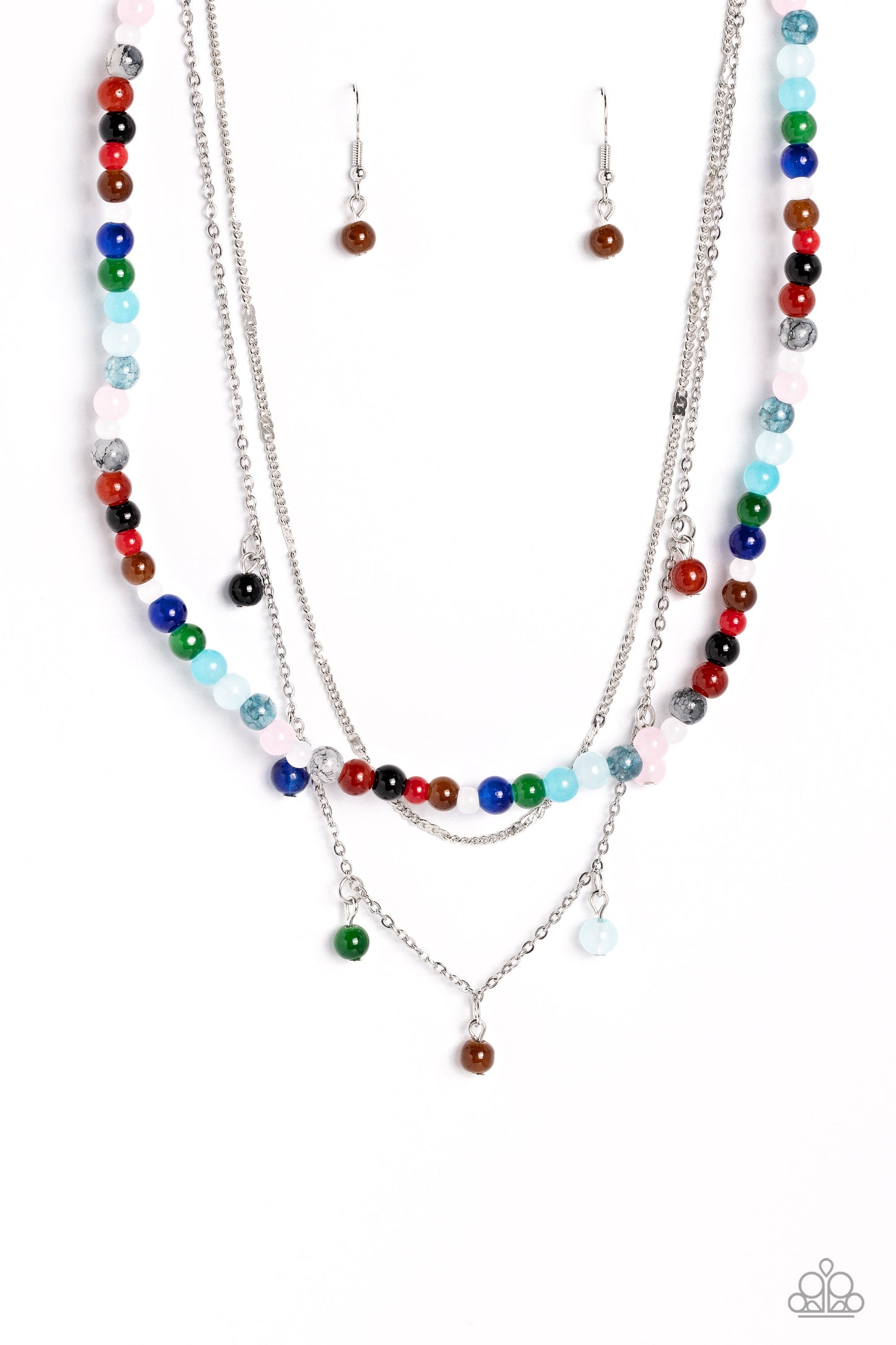 Paparazzi Accessories - BEAD All About It - Multi Necklaces a strand of multicolored stone beads is paired with two strands of classic silver chain, creating effortless layers along the neckline. One of the silver chains is dotted with sections of flattened silver bars, while the other is adorned with a sampling of colorful stone beading that infuses the design with playful movement. Features an adjustable clasp closure. Sold as one individual necklace. Includes one pair of matching earrings.