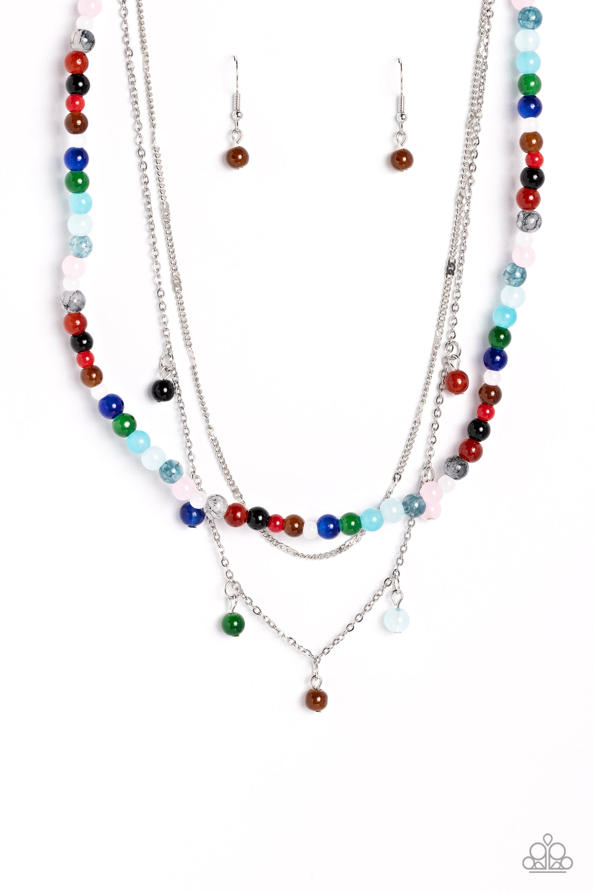 Paparazzi Accessories - BEAD All About It - Multi Necklaces a strand of multicolored stone beads is paired with two strands of classic silver chain, creating effortless layers along the neckline. One of the silver chains is dotted with sections of flattened silver bars, while the other is adorned with a sampling of colorful stone beading that infuses the design with playful movement. Features an adjustable clasp closure.  Sold as one individual necklace. Includes one pair of matching earrings.