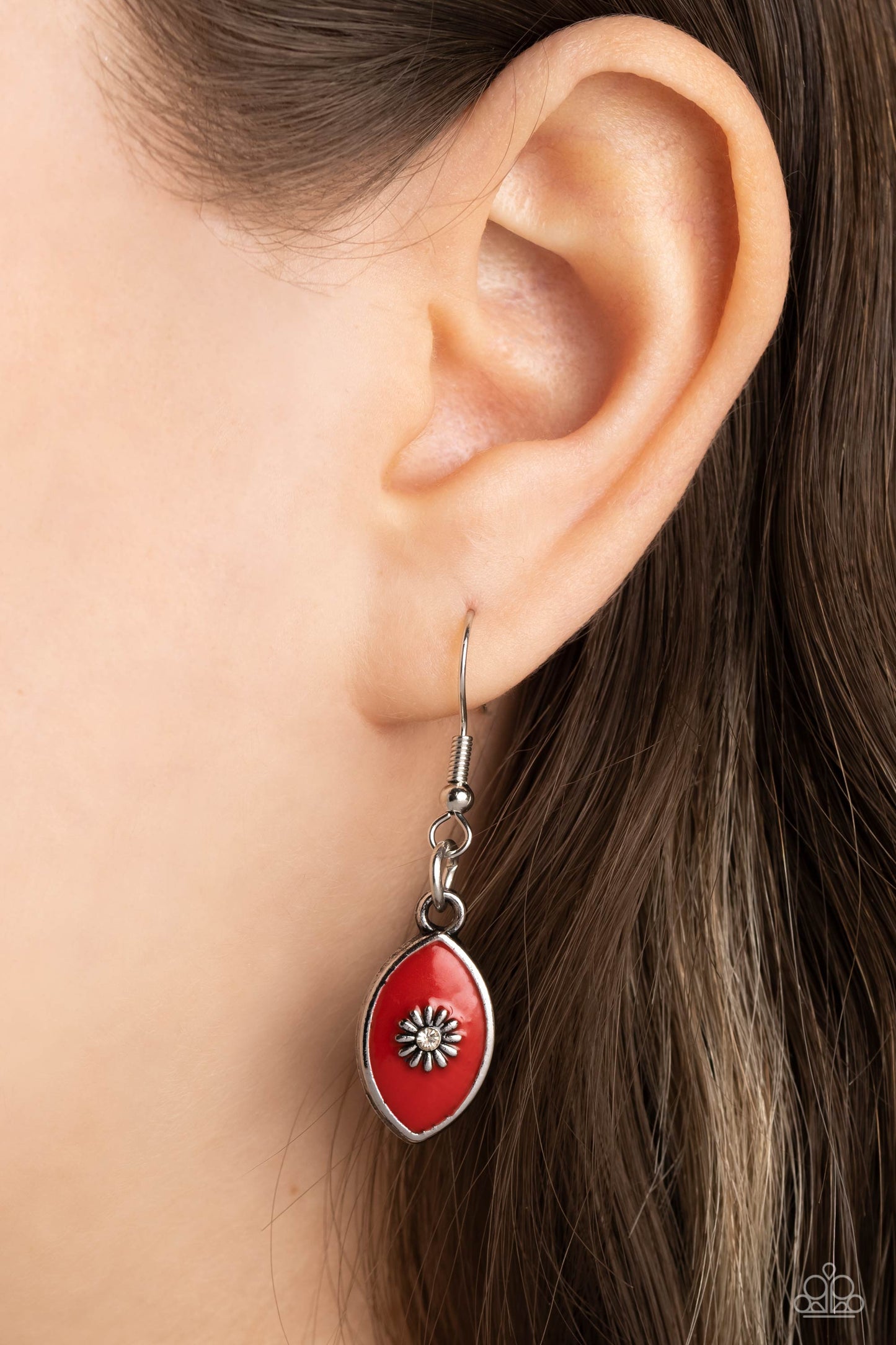 Paparazzi Accessories - Pressed Flowers - Red Necklaces featuring vibrant red paint, a collection of silver marquise-shaped frames gradually increase in size as they taper below the collar in a timeless fashion on a silver snake chain. Each frame is embossed with a delicate silver flower with a white rhinestone center, with the centermost pendant featuring three flowers, creating a glamorous array of whimsicality. Features an adjustable clasp closure.